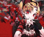  1boy animal_ears bandages bandaid black_shirt blonde_hair cat_ear_hairband cat_ears ear_piercing earrings eita_789 fake_animal_ears fingerless_gloves gloves hair_ornament hairclip highres jewelry nail_polish original piercing red_background red_eyes shirt short_hair solo striped striped_gloves tattoo 