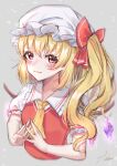  1girl ascot bangs blonde_hair blurry blush bow crystal depth_of_field eyebrows_visible_through_hair fingers_together flandre_scarlet frilled_shirt_collar frills grey_background hat highres ice_cream_(aisu_aisu_9898) looking_at_viewer mob_cap puffy_short_sleeves puffy_sleeves red_eyes red_ribbon red_vest ribbon shirt short_sleeves signature smile soft_focus solo touhou upper_body vest wings 