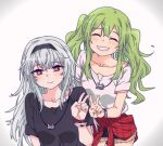  2girls alternate_costume black_shirt blush closed_eyes clothes_around_waist collarbone commentary eyebrows_visible_through_hair facing_viewer girls_frontline green_hair grin hairband jacket jacket_around_waist jewelry korean_commentary long_hair m950a_(girls&#039;_frontline) multiple_girls necklace red_eyes shirt short_sleeves shorts sidarim silver_hair simple_background smile thunder_(girls&#039;_frontline) twintails upper_body v white_background white_shirt 