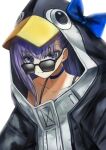  1girl animal_hood bikini black_bikini bow choker coat fate/grand_order fate_(series) highres hood long_hair meltryllis_(fate) meltryllis_(swimsuit_lancer)_(fate) penguin_hood purple_hair sanshi_(sannshi_34) smile sunglasses swimsuit 