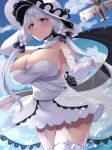  1girl aircraft airplane azur_lane bangs blue_eyes blue_sky blush breasts closed_mouth cowboy_shot dress elbow_gloves garter_straps gloves hair_ornament highres illustrious_(azur_lane) large_breasts large_hat long_hair looking_at_viewer mole mole_under_eye outdoors sky smile solo thigh-highs thighs twintails water wee_(weeyy) white_dress white_gloves white_hair white_headwear white_legwear 