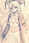  1girl aura bangs breasts chinese_clothes closed_mouth commentary_request crescent d-m_(dii_emu) dress eyebrows_visible_through_hair eyelashes greyscale junko_(touhou) long_hair long_sleeves monochrome phoenix_crown ribbon sketch sleeves_past_wrists small_breasts smile tabard touhou traditional_media upper_body very_long_hair wide_sleeves 