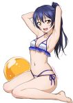  1girl ball bangs barefoot beachball bikini blue_hair breasts commentary_request frilled_bikini frills front-tie_top full_body isshi_pyuma long_hair love_live! love_live!_school_idol_project ponytail side-tie_bikini simple_background sitting small_breasts solo sonoda_umi swept_bangs swimsuit wariza white_background white_bikini yellow_eyes 