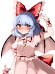  1girl absurdres artist_name bat_wings blue_hair blush bow brooch cosplay dress eyebrows_visible_through_hair frills hakurei_reimu hakurei_reimu_(cosplay) hasumi_suzuna highres jewelry looking_at_viewer puffy_short_sleeves puffy_sleeves red_bow red_eyes remilia_scarlet ribbon short_hair short_sleeves smile solo touhou wings wrist_cuffs 