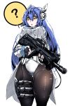  1girl ? assault_rifle black_legwear blue_hair breasts bullpup commentary_request cowboy_shot expressionless eyebrows_visible_through_hair fingerless_gloves girls_frontline gloves gun hair_between_eyes holding holding_gun holding_weapon imi_tavor_tar-21 jamie_leano large_breasts leotard long_hair long_sleeves orange_eyes pantyhose parted_lips perky_breasts rifle robot_ears solo standing tar-21_(girls&#039;_frontline) thought_bubble weapon white_background white_leotard 
