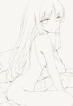  1girl absurdres bangs bed_sheet breasts closed_mouth eyebrows_visible_through_hair greyscale hair_tubes hakurei_reimu highres lineart long_hair looking_at_viewer merry_merry monochrome nude on_bed parted_bangs sidelocks sitting smile solo touhou wariza 