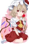  1girl absurdres artist_request ascot bangs blonde_hair crystal eyebrows_visible_through_hair flandre_scarlet flower hair_between_eyes hat highres holding holding_flower looking_at_viewer mob_cap puffy_short_sleeves puffy_sleeves red_eyes red_ribbon red_skirt red_vest ribbon shirt short_sleeves sitting skirt skirt_set socks solo touhou vest wariza white_background white_headwear white_legwear wings 