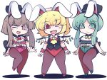  3girls :d ;d @_@ alternate_costume animal_ears ascot black_headwear black_legwear bow brown_eyes brown_hair commission crystal eyebrows_visible_through_hair fang flandre_scarlet fried_rice0614 full_body green_eyes green_footwear green_hair green_leotard hat leotard looking_at_viewer multiple_girls nishida_satono one_eye_closed open_mouth pantyhose pink_footwear pink_leotard playboy_bunny rabbit_ears red_bow red_eyes red_footwear red_leotard short_hair_with_long_locks simple_background skeb_commission smile standing tate_eboshi teireida_mai touhou v-shaped_eyebrows white_background wings yellow_ascot yellow_bow 