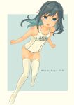  1girl absurdres alternate_costume alternate_legwear asashio_(jmsdf) asashio_(kancolle) black_hair blue_background blue_eyes border breasts collarbone covered_navel eyebrows_visible_through_hair full_body hair_between_eyes highres kantai_collection long_hair looking_at_viewer name_tag old_school_swimsuit one-piece_swimsuit open_mouth pot-de school_swimsuit small_breasts smile solo swimsuit thigh-highs twitter_username white_border white_legwear white_swimsuit 