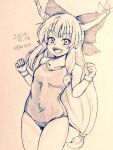  1girl alternate_costume bare_legs bow breasts commentary_request covered_navel cowboy_shot d-m_(dii_emu) eyebrows_visible_through_hair eyelashes greyscale hair_bow horns ibuki_suika long_hair looking_at_viewer monochrome one-piece_swimsuit oni_horns open_mouth signature sketch swimsuit touhou traditional_media very_long_hair 