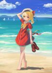  1girl adapted_costume barefoot beach blonde_hair boat clouds clynxen day dress flandre_scarlet footprints full_body hat highres holding holding_clothes holding_footwear holding_shoes looking_at_viewer mountainous_horizon no_wings ocean outdoors red_dress red_footwear sailor_collar sailor_dress sailor_hat shoes shoes_removed short_sleeves sky smile solo standing tiptoes toes touhou watercraft 