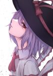  1girl 33_gaff ascot bangs black_headwear bow brown_bow collared_shirt commentary_request eyebrows_visible_through_hair eyelashes eyes_visible_through_hair frills from_side grey_shirt hair_between_eyes hat hat_bow looking_at_viewer nagae_iku open_mouth purple_hair red_ascot red_eyes shirt short_hair short_sleeves simple_background solo touhou upper_body white_background 
