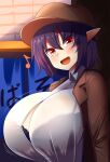  1girl black_bra black_hair bra breasts cabbie_hat fang hat highres huge_breasts musical_note open_mouth pointy_ears red_eyes see-through shameimaru_aya shirt solo suit_jacket touhou underwear white_shirt xialu_zajin 