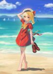  1girl adapted_costume barefoot beach blonde_hair blurry blurry_background clouds clynxen day dress flandre_scarlet footprints full_body hat highres holding holding_shoes looking_at_viewer mountainous_horizon no_wings ocean outdoors red_dress sailor_collar sailor_dress shoes shoes_removed short_sleeves sky smile solo standing touhou 