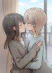  2girls bangs betock blonde_hair brown_hair closed_eyes collarbone earrings eyebrows_visible_through_hair eyelashes from_side hand_on_another&#039;s_shoulder highres hug jewelry kiss medium_hair multiple_girls original short_hair sweatshirt tongue tongue_out upper_body yuri 