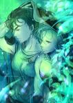  2boys cloak earrings glowing_leaves green_theme jacket jacket_removed jean_pierre_polnareff jewelry jojo_no_kimyou_na_bouken male_focus multiple_boys no_hat no_headwear pectorals plant rain stardust_crusaders tianel_ent translucent 