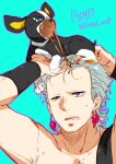  1boy animal_on_head blue_eyes boston_terrier chewing_gum earrings flattop food food_on_face grey_hair iggy_(jojo) jean_pierre_polnareff jewelry jojo_no_kimyou_na_bouken male_focus on_head stardust_crusaders tianel_ent 