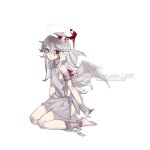  1girl angel angel_wings bandages barefoot blood blood_on_bandages english_commentary eyebrows_visible_through_hair eyes_visible_through_hair full_body grey_eyes halo heterochromia krab_(fumekrab) original pale_skin parted_lips red_eyes solo torn_clothes white_background white_hair wings 