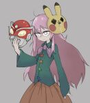  1girl bangs bow bowtie character_name expressionless eyebrows_visible_through_hair grey_background hair_between_eyes hata_no_kokoro highres holding holding_mask long_hair long_sleeves mask mask_on_head orange_skirt pikachu pink_eyes pink_hair pokemon redman redman_(character) simple_background skirt solo tirarizun touhou very_long_hair 