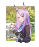  1girl animal_ears bangs black_sleeves blurry blurry_background border bush chain chair closed_mouth commentary_request cup ear_ornament eyebrows_visible_through_hair eyelashes forehead frills gold_chain gold_trim highres holding holding_cup horse_ears horse_girl long_hair looking_at_viewer mejiro_mcqueen_(umamusume) outdoors parted_bangs pink_eyes plate purple_hair risa_(pixiv23908854) smile solo split_mouth table teacup umamusume upper_body white_border 