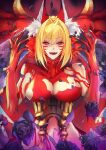  1girl ahoge animal_ear_fluff animal_ears bangs black_flower blonde_hair body_markings breasts claws commentary eyebrows_visible_through_hair facial_mark fangs fate/grand_order fate/grand_order_arcade fate_(series) flower fur hair_intakes hands_up highres horns kaji_zarame large_breasts looking_at_viewer medium_hair navel nero_claudius_(fate) open_mouth petals plackart queen_draco_(fate) red_eyes sharp_teeth solo teeth upper_body wolf_ears wolf_girl 