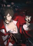  1boy animal_ears arknights bangs black_choker black_gloves black_hair black_vest cape cat_ears choker flower gloves hair_over_one_eye haocong33 highres holding holding_mask long_sleeves male_focus mask official_alternate_costume petals phantom_(arknights) phantom_(focus)_(arknights) red_cape rose shirt short_hair solo upper_body vest white_flower white_rose white_shirt yellow_eyes 