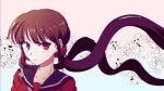  1girl alternate_hair_color bangs black_sailor_collar brown_hair collarbone danganronpa_(series) danganronpa_v3:_killing_harmony eyebrows_visible_through_hair floating_hair floral_background hair_ornament hair_scrunchie harukawa_maki long_hair looking_at_viewer mole mole_under_eye portrait purple_hair red_eyes red_scrunchie red_shirt sailor_collar scrunchie shiny shiny_hair shirt solo tansug_(tansuk88) twintails white_background 