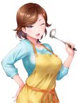  1girl :d absurdres apron breasts brown_hair chishio_(onoderayui) hand_on_hip highres holding holding_ladle ladle large_breasts looking_at_viewer love_live! love_live!_superstar!! mature_female one_eye_closed shibuya_kanon&#039;s_mother short_hair simple_background smile solo standing violet_eyes white_background 