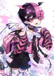  1boy androgynous bat_wings black_hair choker collar demon_boy demon_tail eita_789 head_wings highres looking_at_viewer male_focus multicolored_hair nail_polish original otoko_no_ko pink_eyes pink_hair pointy_ears short_shorts shorts solo split-color_hair striped_sleeves tail tattoo wings 