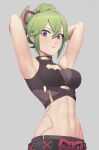  1girl armpits arms_up bangs bare_arms bare_shoulders black_shirt breasts commentary_request crop_top genshin_impact green_hair grey_background hair_between_eyes kuki_shinobu large_breasts looking_at_viewer midriff navel ponytail putcher shirt short_hair simple_background sleeveless sleeveless_shirt solo stomach upper_body violet_eyes 
