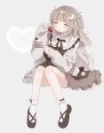  1girl :o absurdres blonde_hair cake closed_eyes crossdressing dress eating food full_body hair_ornament hairclip highres long_hair long_sleeves original uu3cm wavy_hair white_background 