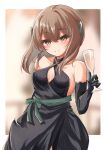  1girl alternate_costume black_dress black_gloves blush brown_eyes brown_hair closed_mouth collarbone cup dress elbow_gloves eyebrows_visible_through_hair gloves hair_between_eyes headgear highres holding holding_cup kantai_collection kasashi_(kasasi008) looking_at_viewer short_hair smile solo taihou_(kancolle) 