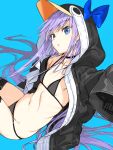  1girl animal_hood bikini black_bikini black_choker black_jacket blue_background breasts choker commentary fate/grand_order fate_(series) haimura_kiyotaka highres hood hooded_jacket jacket long_hair long_sleeves looking_at_viewer meltryllis_(fate) meltryllis_(swimsuit_lancer)_(fate) micro_bikini navel penguin_hood purple_hair simple_background small_breasts solo swimsuit symbol-only_commentary very_long_hair 