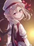  1girl artist_name back back_bow bangs blonde_hair blush bow brown_background brown_sky closed_mouth commentary_request crystal dress eyebrows_visible_through_hair flandre_scarlet from_behind gradient gradient_background grey_bow grey_headwear grey_shirt hair_between_eyes hat hat_ribbon highres jewelry katsukare light looking_back mob_cap night night_sky one_side_up puffy_short_sleeves puffy_sleeves red_dress red_eyes red_ribbon ribbon shirt short_hair short_sleeves sky solo space standing star_(sky) starry_sky sun touhou wings wrist_cuffs yellow_background 