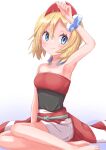  1girl absurdres arm_wrap armpits blonde_hair blue_hair hairband highres irida_(pokemon) jewelry neck_ring pokemon pokemon_(game) pokemon_legends:_arceus presenting_armpit red_hairband red_shirt rono_(lethys) shirt short_hair shorts simple_background solo strapless strapless_shirt waist_cape white_background white_shorts 