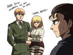  1girl 2boys annie_leonhardt armin_arlert belt blonde_hair blush breasts brown_jacket closed_mouth drawing english_text eren_yeager highres hood hood_down jacket locked_arms military military_uniform multiple_boys open_mouth shingeki_no_kyojin simple_background skirt survey_corps_(emblem) sweatdrop tina_fate uniform white_background 