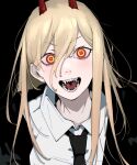  1girl absurdres bangs black_background black_necktie blonde_hair business_suit chainsaw_man collared_shirt crosshair_pupils eyebrows_visible_through_hair formal hair_between_eyes highres horns long_hair looking_at_viewer necktie nyokki763 open_mouth portrait power_(chainsaw_man) red_horns sharp_teeth shirt solo suit teeth v-shaped_eyebrows 
