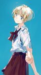 1girl arm_behind_back blonde_hair blue_background blue_eyes bow bowtie collared_shirt earrings from_side jewelry long_hair looking_at_viewer nishita original pixie_cut pleated_skirt school_uniform shirt short_hair short_sleeves skirt smile solo very_long_hair 