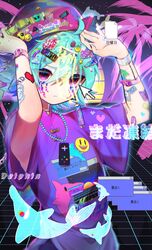  1boy bandaid beret blue_hair bracelet eita_789 error_message hat highres jewelry looking_at_viewer male_focus original purple_shirt shark shirt short_hair short_sleeves solo tattoo vaporwave violet_eyes 