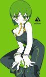  1girl c73an cuffs drinking_straw drinking_straw_in_mouth english_text eyebrows_visible_through_hair foo_fighters foot_out_of_frame green_background green_eyes green_hair green_theme handcuffs highres jojo_no_kimyou_na_bouken mouth_hold overalls short_hair simple_background solo stone_ocean strap_slip 