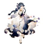  1girl alternate_costume arknights astesia_(arknights) blue_eyes blue_flower blue_hair bright_pupils dress feather_hair flower hair_intakes highres long_hair long_sleeves simple_background solo symbol-only_commentary white_background white_dress white_footwear yuji_(fantasia) 