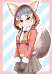  1girl absurdres animal_ears fox_ears fox_girl fox_tail gloves highres island_fox_(kemono_friends) kemono_friends kemono_friends_v_project long_hair looking_at_viewer monaka1025 multicolored_hair necktie shimahairobo shirt simple_background skirt smile solo tail virtual_youtuber 