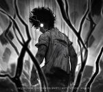  1boy absurdres arms_at_sides artist_name artstation_username aura belt dark_aura from_behind glowing glowing_eyes grey_background greyscale highres instagram_username kageyama_shigeo looking_at_viewer male_focus manip mob_psycho_100 monochrome rubble shirt solo spiky_hair standing t-shirt torn_clothes watermark 