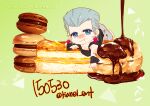  1boy :t age_regression barefoot blue_eyes chibi child chocolate_syrup cream_puff earrings flattop food food_on_face french_toast fudge grey_hair jean_pierre_polnareff jewelry jojo_no_kimyou_na_bouken macaron male_focus oversized_clothes solo stardust_crusaders syrup tianel_ent younger 
