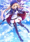  1girl artoria_pendragon_(caster)_(fate) artoria_pendragon_(fate) bangs belt black_bow black_gloves black_legwear blonde_hair blue_belt blue_bow blue_cape blue_headwear blue_sky bow bowtie buttons cape clouds dress eyebrows_visible_through_hair fate/grand_order fate_(series) gloves gold_trim green_eyes hair_between_eyes hair_bow hat highres holding holding_staff holding_weapon long_hair looking_at_viewer neko_daruma open_mouth pantyhose petals sheath sheathed short_sword sky smile solo staff sword teeth twintails upper_teeth weapon white_dress 