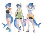  1girl absurdres azuumori backpack bag black_shirt black_shorts blue_footwear blue_hair blue_shorts brown_footwear fish_tail green_shirt hands_in_pockets highres multiple_views original parted_lips print_shirt red_eyes sandals shark_girl shark_girl_(azuumori) shark_tail shirt shirt_tucked_in shoes short_hair shorts sleeveless sleeveless_shirt smile socks tail white_footwear white_shirt yellow_bag 