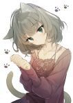  1girl animal_ears bob_cut cat_ears cat_tail clenched_hands collarbone expressionless green_hair head_tilt heterochromia highres idolmaster idolmaster_cinderella_girls jewelry mole mole_under_eye necklace nyan paw_print q-v_(levia) simple_background solo tail takagaki_kaede upper_body white_background 