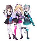  3girls absurdres animal_ears apex_legends asumi_sena asymmetrical_legwear blonde_hair blue_eyes boots brown_hair cat_ears choker closed_mouth cross-laced_footwear demon_tail dress fake_animal_ears fingerless_gloves garters gloves gun hair_ribbon heterochromia highres holding holding_gun holding_weapon hololive hoshikawa_sara knees_together_feet_apart lace-up_boots leg_up mismatched_legwear multiple_girls myusha natsuiro_matsuri nijisanji open_mouth pantyhose pink_eyes pleated_dress ribbon second-party_source see-through see-through_sleeves simple_background smile standing standing_on_one_leg tail thigh-highs twintails vspo! weapon white_background white_hair yellow_eyes 