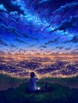  1girl absurdres au_ito cat city city_lights cityscape clouds cloudy_sky commentary_request dark falling_star from_behind highres hill landscape night night_sky original outdoors rooftop scenery sky skyline star_(sky) starry_sky 