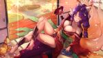  1girl absurdres animal_ear_fluff animal_ears architecture breasts cup east_asian_architecture fox_ears fox_girl fox_tail furisode highres holding holding_cup japanese_clothes kimono large_breasts long_hair multiple_tails obi off_shoulder orange_eyes original purple_hair radishkek red_kimono sakazuki sash sitting sliding_doors slit_pupils solo tail tatami wide_sleeves 